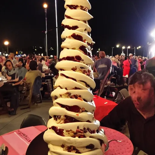 Prompt: tallest ice cream sundae trifle ever, surrounded by crowd, flash photography