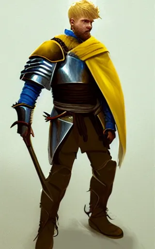 Image similar to highly detailed concept art by Greg Rutkowski of a rugged young knight with blonde hair and blue eyes and a short beard wearing a blue shirt and a yellow cape and leather boots holding a shield and a warpick, concept art, realistic, masterpiece, ArtStation