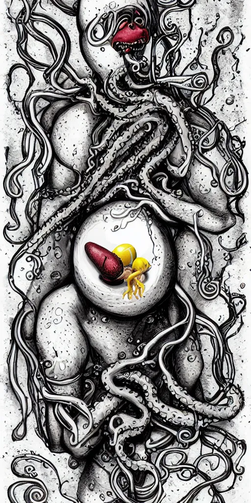 Image similar to high detailed drawing a man with the head of a broken egg, with arms of tentacles. He has a knife in his hand and splatters micro droplets, disney style
