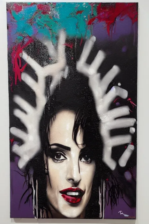 Image similar to graffiti, splash painting, portrait of penelope cruz, artwork by bansky