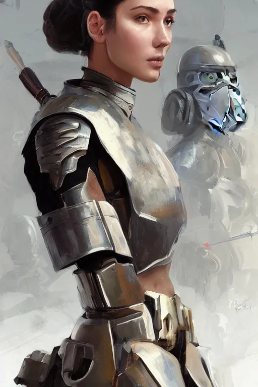 Image similar to a professional painting of a beautiful young female, clothed in military armor, olive skin, long dark hair, beautiful bone structure, symmetrical facial features, intricate, elegant, digital painting, concept art, smooth, sharp focus, illustration, from Star Wars by Ruan Jia and Mandy Jurgens and Artgerm and William-Adolphe Bouguerea