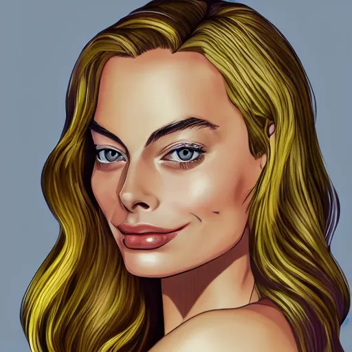 Image similar to a portrait of margot robbie, anime art style, highly realistic, highly detailed, sharp