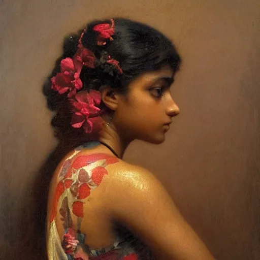 Image similar to detailed potrait 8 0 s srilankan girl with tatoos in baroque painting, girl graceful,, painting by gaston bussiere, craig mullins, j. c. leyendecker, lights, art by ernst haeckel, john william godward, hammershøi,,