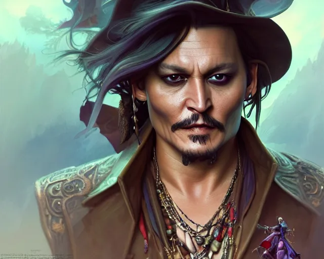 Image similar to photography of johnny depp, deep focus, d & d, fantasy, intricate, elegant, highly detailed, digital painting, artstation, concept art, matte, sharp focus, illustration, hearthstone, art by artgerm and greg rutkowski and alphonse mucha