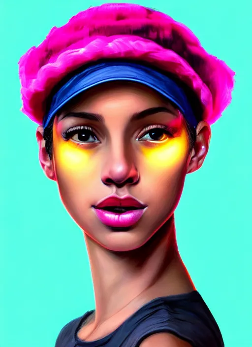 Image similar to portrait of teenage vanessa morgan with bright pink hair, black girl, curly pixie cut hair, wearing newsboy cap, pink short haircut, newsboy cap, hoop earrings, blue eyes, intricate, elegant, glowing lights, highly detailed, digital painting, artstation, concept art, smooth, sharp focus, illustration, art by wlop, mars ravelo and greg rutkowski