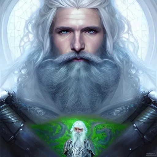 Image similar to Portrait of an Aasimar Paladin with glowing blue eyes, pale grey skin, silver full beard, and silver hair. He has a sword and wears green mossy armor. Epic fantasy art, award winning on Artstation, intricate, elegant, highly detailed, digital painting, art by artgerm and greg rutkowski and alphonse mucha.