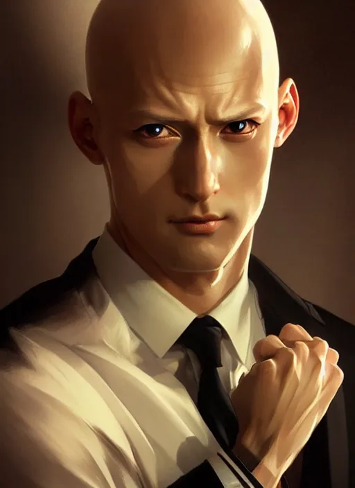 Image similar to ultra realistic illustration, handsome saitama. elegant, black suit, highly detailed, digital painting, artstation, concept art, smooth, sharp focus, illustration, art by artgerm and greg rutkowski and alphonse mucha and wlop