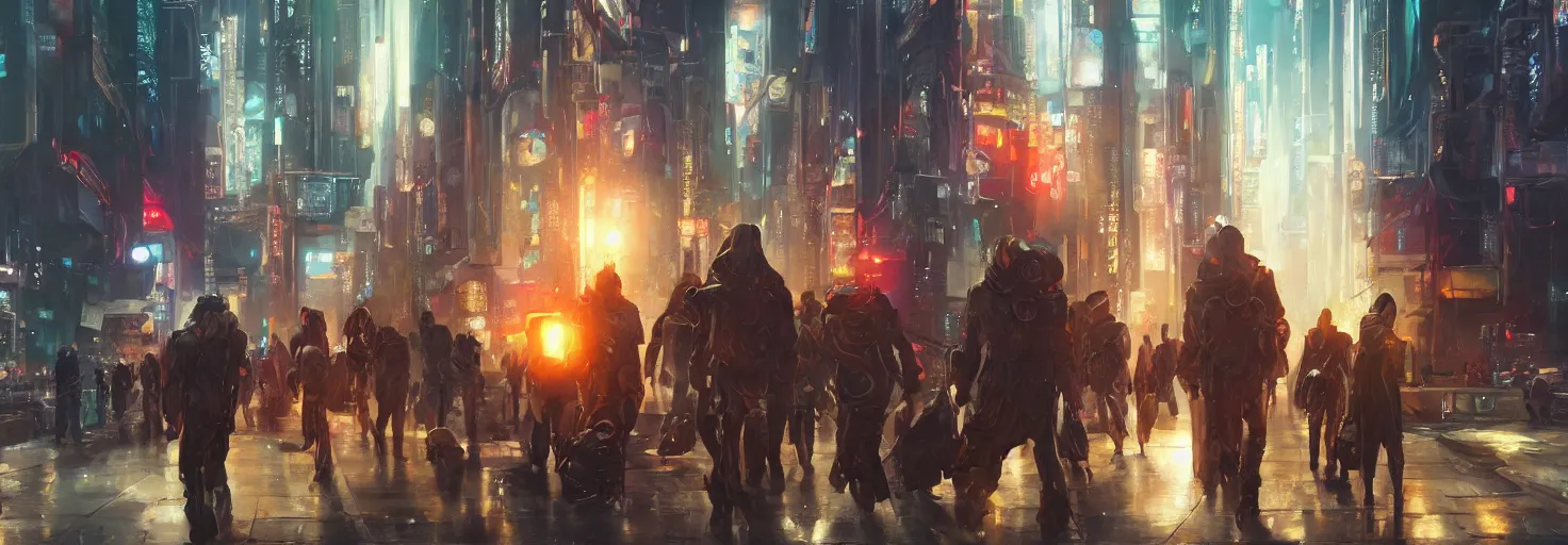 Image similar to an epic painting of the team of group of time travelers, oil on canvas, cold colors, perfect composition, golden ratio, beautiful detailed, photorealistic, digital painting, artstation, concept art, smooth, sharp focus, illustration, cyberpunk background, artstation trending, octane render, unreal engine