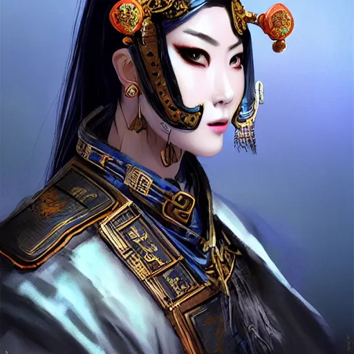 Prompt: ancient chinese princess with steampunk mask, dynasty warriors, elegant, unreal engine, 8 k, blue color scheme, headshot, highly detailed, smooth, ink painting, artstation, concept art, in style of yoji shinkawa, pan ren wei, col price, atey ghailan, by greg rutkowski, aesthetic on a hoodie