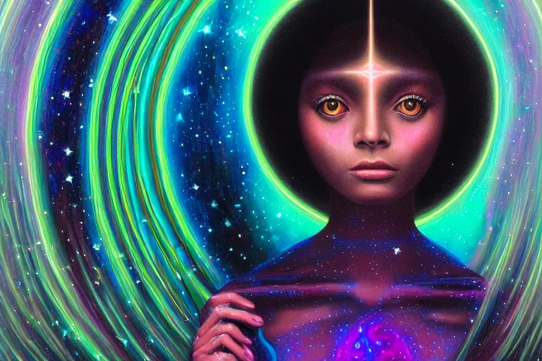 Image similar to patron saint of 🛸🌈👩🏾, futuristic iridescent clothing, wormhole, nebula, black hole, multiverse, neon god of city character portrait, in the style of margaret keane, moebius, tom bagshaw, and waterhouse, cinematic lighting, beautiful, elegant, oil painting,