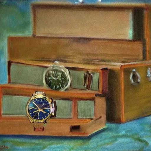 Prompt: an impressionist painting of a treasure chest full of wristwatches - n 9