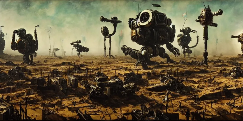 Image similar to scene from future robot war, highly detailed, painting by otto dix and greg rutkowski 8 k