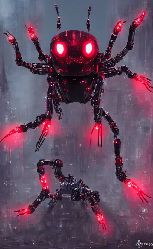 Image similar to a robot humanoid spider in a city, with 4 arms with claws, glowing red eyes, in a black carbon and red fiber armor, smiling creepily, dynamic lighting, photorealistic fantasy concept art, trending on art station, stunning visuals, creative, cinematic, ultra detailed