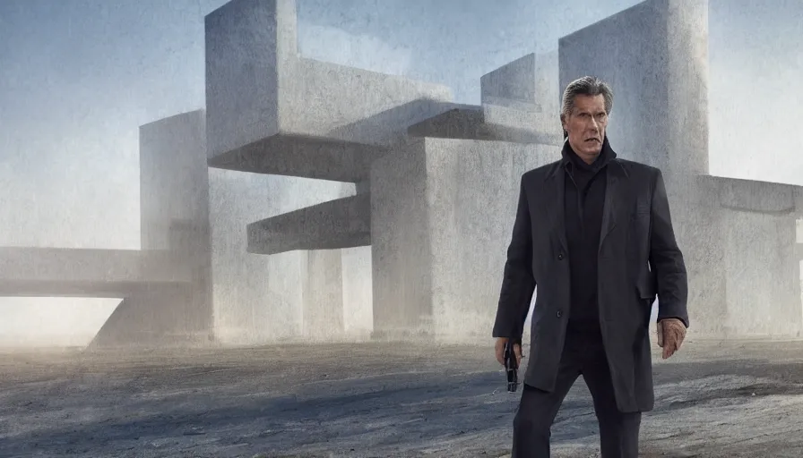 Image similar to concept art in the style of jon mccoy of the next james bond film featuring an older pierce brosnan, who is in tactical winter gear walking towards a brutalist structure in the distance, highly detailed, 8 k