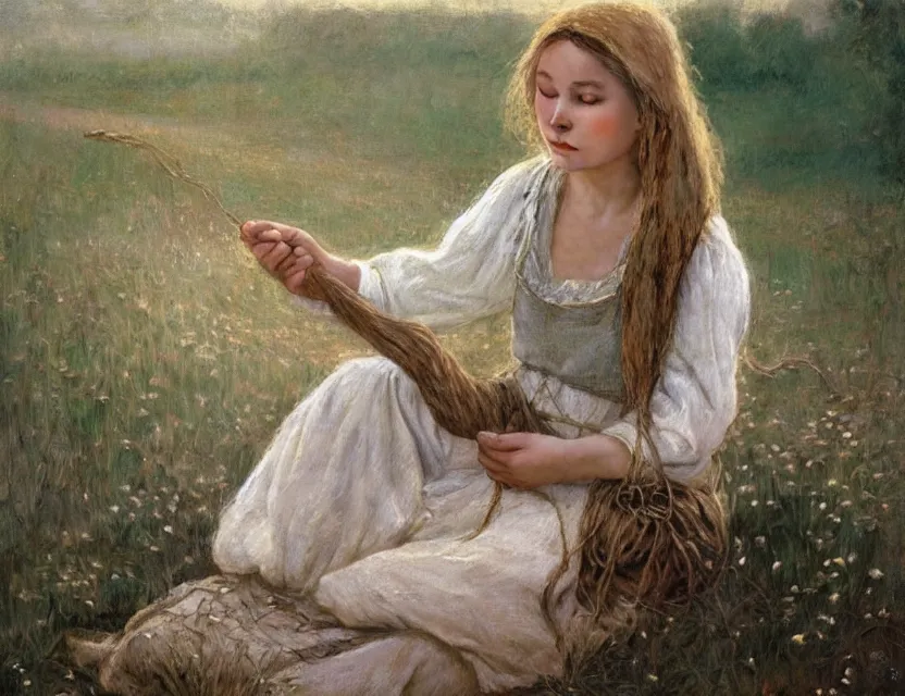 Image similar to peasant girl with long hair yarn knitting, cottage core, cinematic focus, polaroid photo bleached vintage pastel colors high - key lighting, soft lights, foggy, by steve hanks, by lisa yuskavage, by serov valentin, by tarkovsky, 8 k render, detailed, oil on canvas