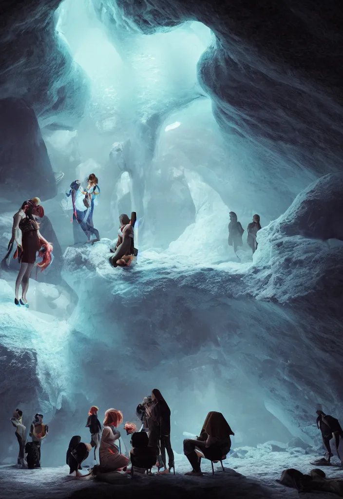 Image similar to epic leader pregnant woman talking to all her tribe with futuristic fluorescence, proud people looking at the pregnant woman, ice cave, facinating, fantasy digital art, octane render, beautiful composition, trending on artstation, coherent, masterpiece, photorealistic