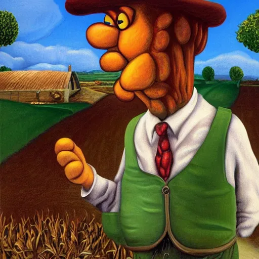 Image similar to surrealist painting of garfield as a farmer, high detail