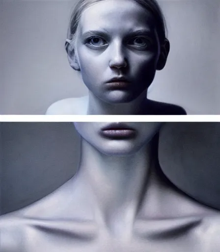Image similar to a high quality, high detail, portrait photography of a beautiful girl by gottfried helnwein and kyle thompson, zdzisław beksinski