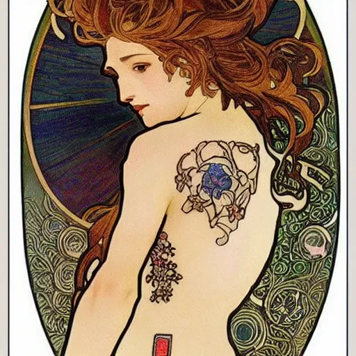 Image similar to embroidery tattoos painted by alphonse mucha