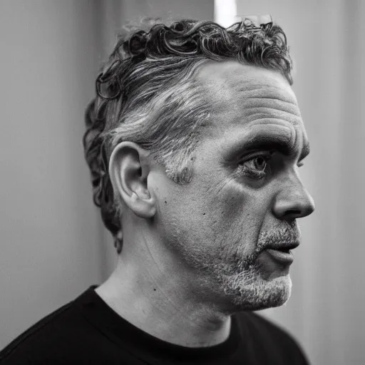 Prompt: jordan peterson crying in bed, tears streaming down his face.