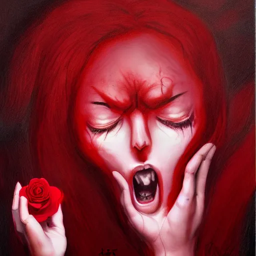 Prompt: extrem mad girl with extrem anger screams into the void to release her anger, while shes crying she holds a rose in her hands, high detail painting in dark red colors by Mamoru Kanbe