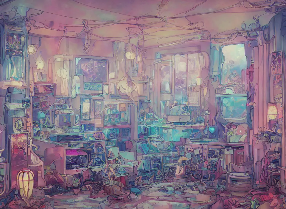 Image similar to telephoto 7 0 mm f / 2. 8 iso 2 0 0 photograph depicting the feeling of chrysalism in a cosy cluttered french sci - fi ( art nouveau ) cyberpunk apartment in a pastel dreamstate art cinema style. ( aquarium, computer screens, window ( city ), leds, lamp, ( ( ( aquarium bed ) ) ) ), ambient light.