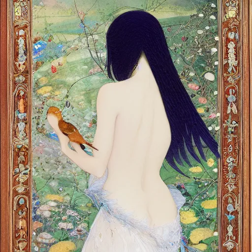 Image similar to meticulous, delicate niello inlay by john anster fitzgerald, by makoto shinkai. mixed media art. a woman is shown from behind, her body slightly blurred as if in motion. her long hair cascades down her back, & she is holding a small bird in her hand.