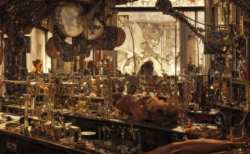 Prompt: the prompt engineer's laboratory, intricate, highly detailed, by edgar maxence and caravaggio and michael whelan and delacroix style, ambient lighting, photorealistic, extremely detailed, establishing shot, high resolution, dramatic lighting