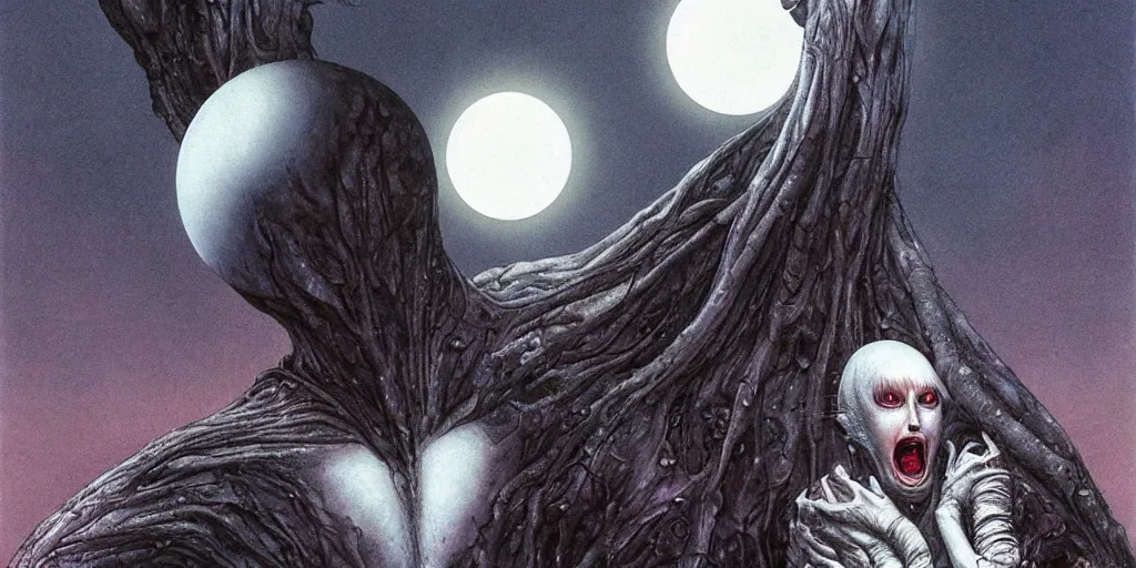 Image similar to griffith holding behelit during the eclipse from berserk, creepy, melting, since, horror, art by wayne barlowe, giger, artgerm