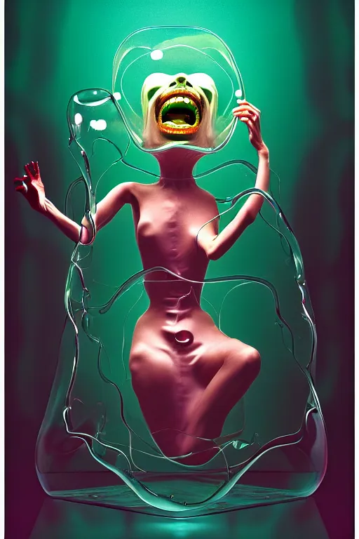 Prompt: a surreal biomorphic woman screaming with joy inside a gelatinous cube of aspic of electrons, in the style of hans bellmer, detailed masterpiece, atmospheric, shadowy, cinematic, digital art, 4 k