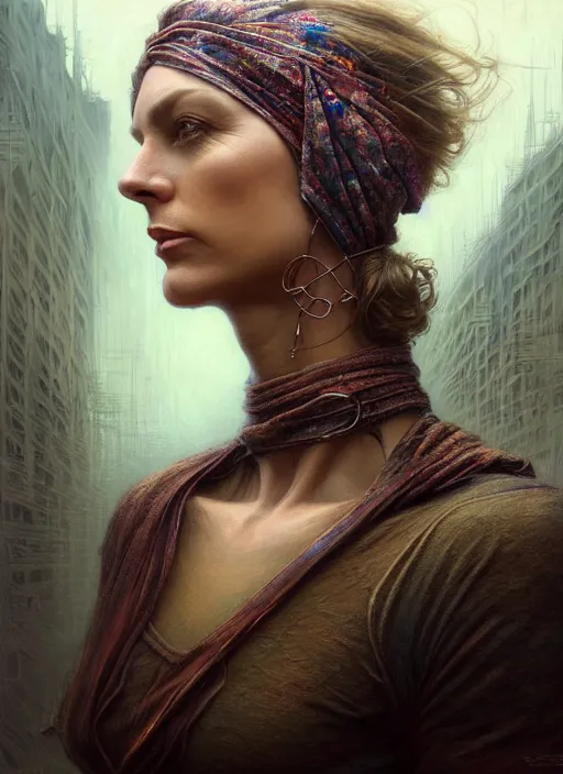 Image similar to closeup portrait shot of a glitched woman wearing a bandana in a scenic dystopian environment, intricate, elegant, highly detailed, centered, digital painting, artstation, concept art, smooth, sharp focus, illustration, artgerm, tomasz alen kopera, peter mohrbacher, donato giancola, joseph christian leyendecker, wlop, boris vallejo