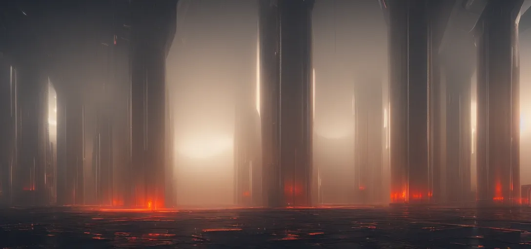 Image similar to dramatic view of empty brutalist cyberpunk underground structure, giant towering pillars, glowing orange fog, unreal engine, dramatic lighting, detailed, ambient occlusion, 3 d artstation render by paul chadeisson and jessica rossier