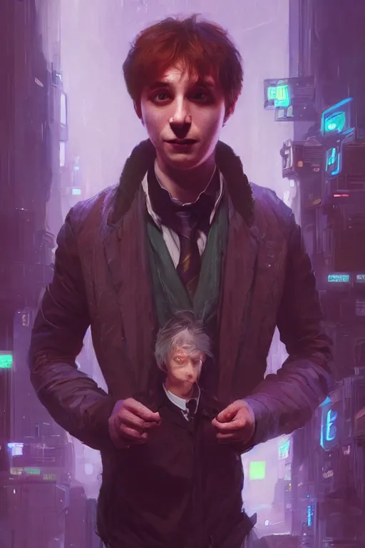 Image similar to portrait of Ron Wisly from harry potter in cyberpunk, neon lighting, night city, digital art from artstation by Ruan Jia and Mandy Jurgens and Artgerm and william-adolphe bouguereau and Greg Rutkowski and Wayne Barlowe