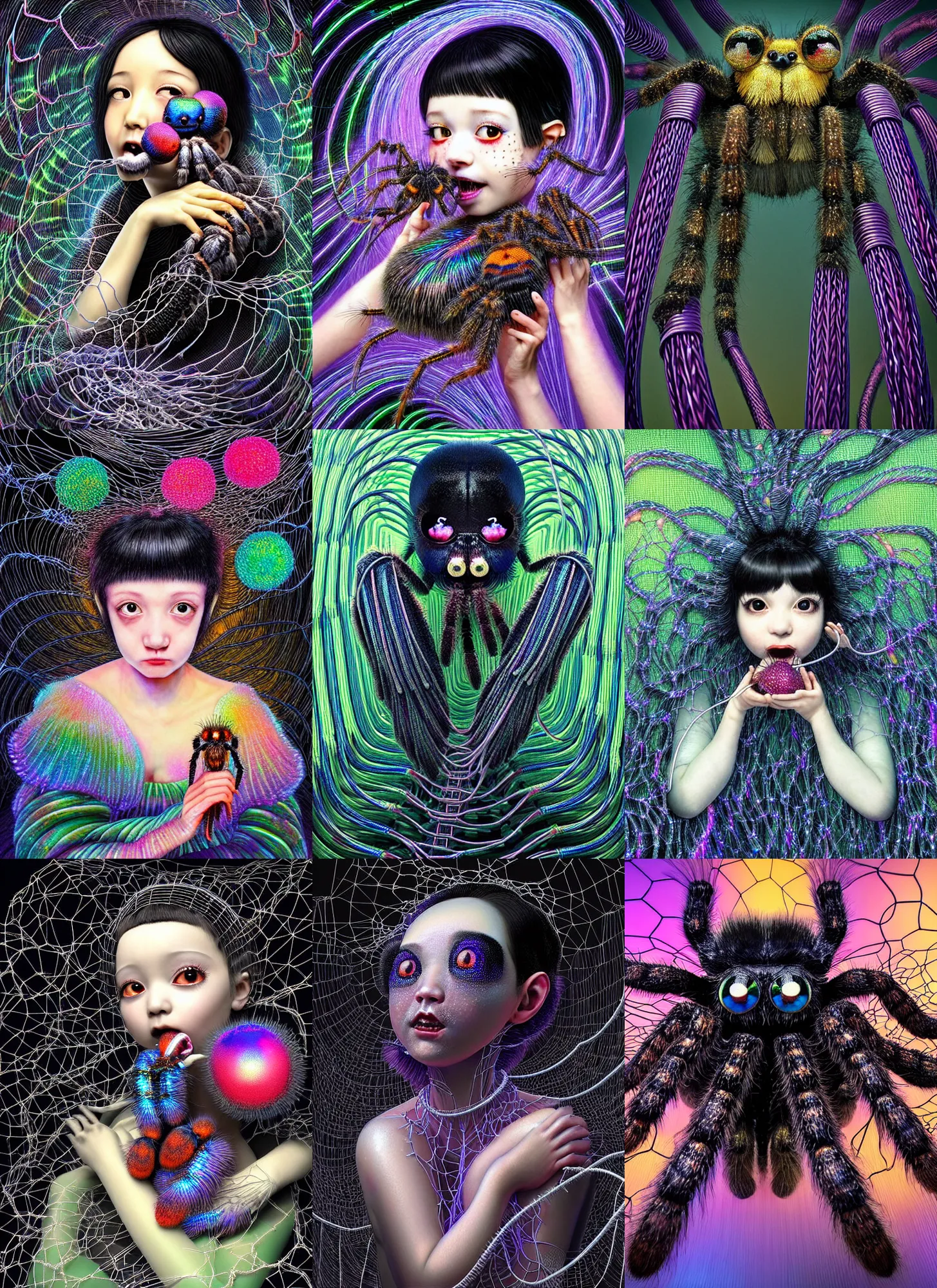 Prompt: hyper detailed 3d render like a Oil painting - slightly kawaii portrait Aurora (a black haired tarantula headed flapper-girl from the future) seen Eating of the Strangling network of (wires and cables) and milky Fruit and Her delicate pedipalps hold of gossamer bring iridescent iron coals whose ashes black the foolish stars by Jacek Yerka, Ilya Kuvshinov, Glenn Barr, Mariusz Lewandowski, Houdini algorithmic generative render, Abstract brush strokes, Masterpiece, Edward Hopper and James Gilleard, Cronenberg, Mark Ryden, Wolfgang Lettl, hints of Yayoi Kasuma, octane render, 8k