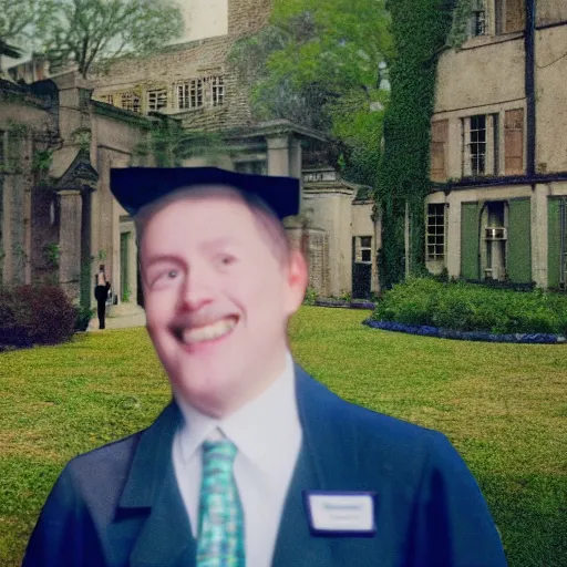 Image similar to an old unclear color-faded photo captured by accident in 1990s about a catman in hotel clerk uniform walk around in a 18th century style garden and smile to the camera, foggy weather atmosphere, spotlight