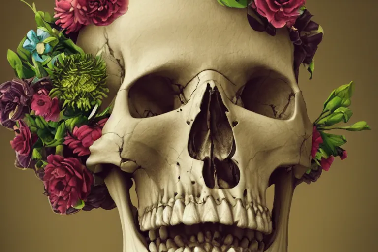 Image similar to human skull made of flowers, artstation, illustration, hd, hq, high resolution, high detail, 4 k, 8 k