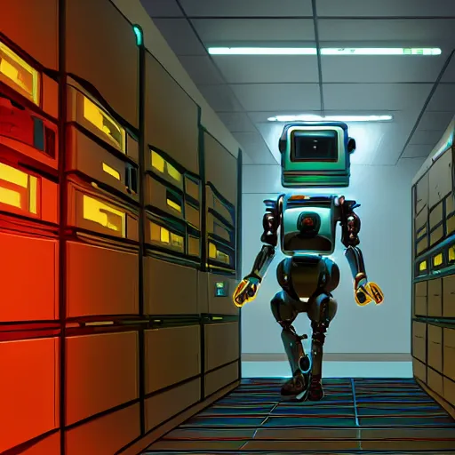 Image similar to a digital art of robot power armor in server room by simon stalenhag character design, robot in data center, trending on artstation, 8 k, ultra wide angle, zenith view, pincushion lens effect