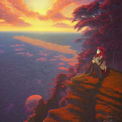Prompt: Classical oil painting of Kirisame Marisa on a cliff at sunset by Dan Mumford, beautiful anime portrait, official artwork, stylistic, Touhou character, brush strokes, oil, canvas