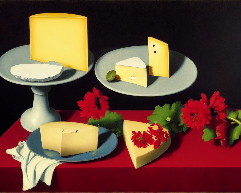 Prompt: an achingly beautiful still life featuring blooming flowers, cheese, and red wine by Raphael, Hopper, and Rene Magritte. detailed, romantic, studio lighting, enchanting, trending on artstation.