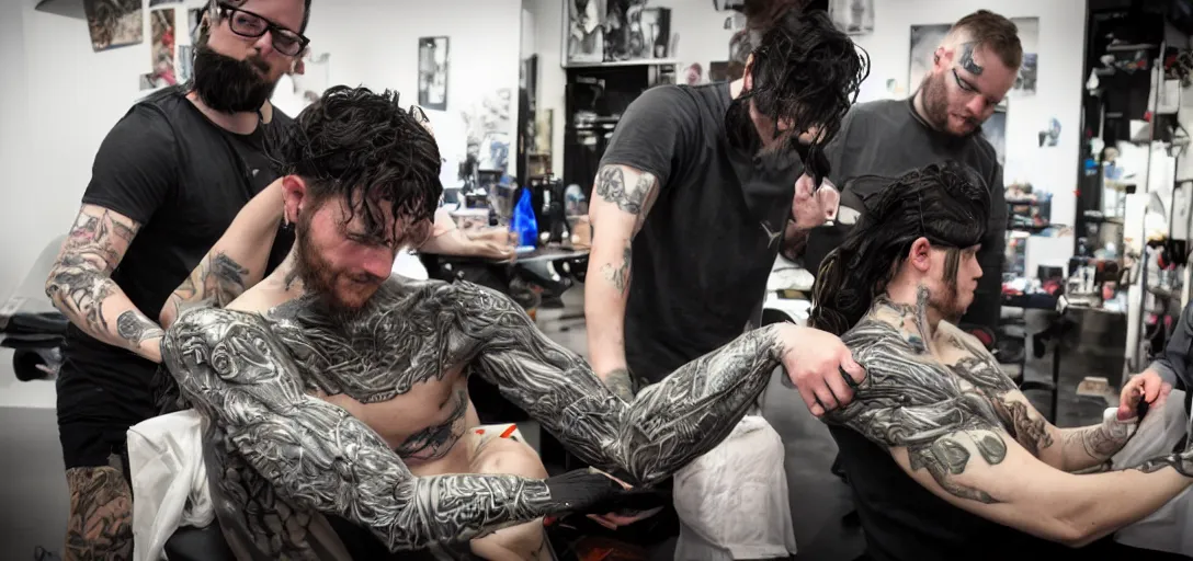 Image similar to Xenomorph XX121 getting a tattoo from Gary Woods in New Plymouth. james gurney, james jean, greg rutkowski, anato finnstark. hyper detailed, 50mm, cinematic indoor lighting volumetric