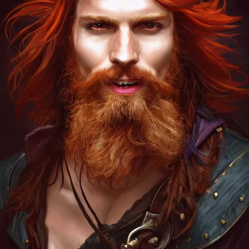 Image similar to portrait of a young ruggedly handsome but joyful pirate, male, masculine, upper body, red hair, long hair, d & d, fantasy, piercing eyes, intricate, elegant, highly detailed, digital painting, artstation, concept art, matte, sharp focus, illustration, art by artgerm and greg rutkowski and alphonse mucha