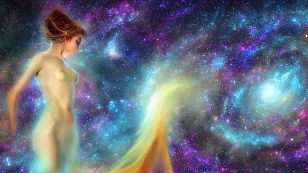 Prompt: goddess is having an existential crisis when she saw how vast the colorful galaxy is, gracefully flowing billowing white silk, golden ratio, milky way, stars and planets, cinematic, dark 8 k render