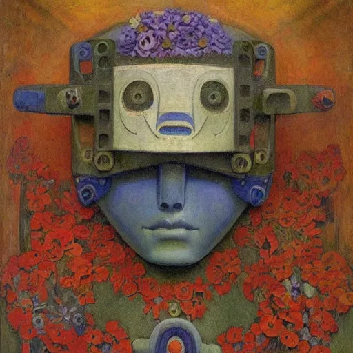 Image similar to a robot wearing a mask made of flowers, by annie swynnerton and diego rivera and nicholas roerich and jean delville, symbolist, dramatic lighting, elaborate geometric ornament, art brut, soft cool colors, smooth, sharp focus, extremely detailed, adolf wolfli and donato giancola
