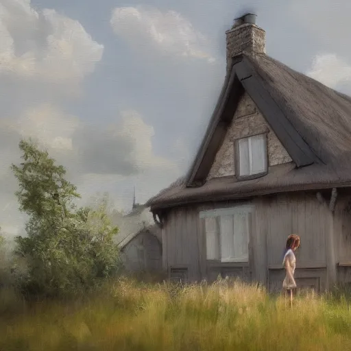 Image similar to cottage with emma watson standing in front, aesthetic, oil painting, pale colors, high detail, 8 k, wide angle, trending on artstation,