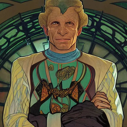Prompt: an animated portrait of Quark from DS9 by David Finch and Alphonse Mucha, detailed