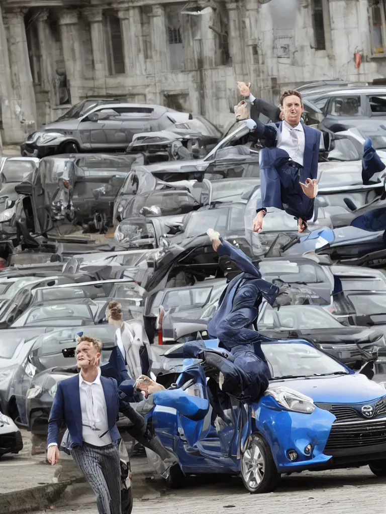 Image similar to !dream Sir Kier Starmer wearing a blue suit jumping on top of a toyota yaris