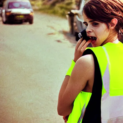 Image similar to photo, close up, emma watson in a hi vis vest, chewing tobacco, mouth full, portrait, kodak gold 2 0 0,