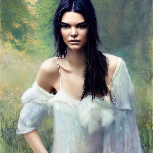 Image similar to fashion model kendall jenner by gabriel moreno by Richard Schmid by Jeremy Lipking by moebius by atey ghailan