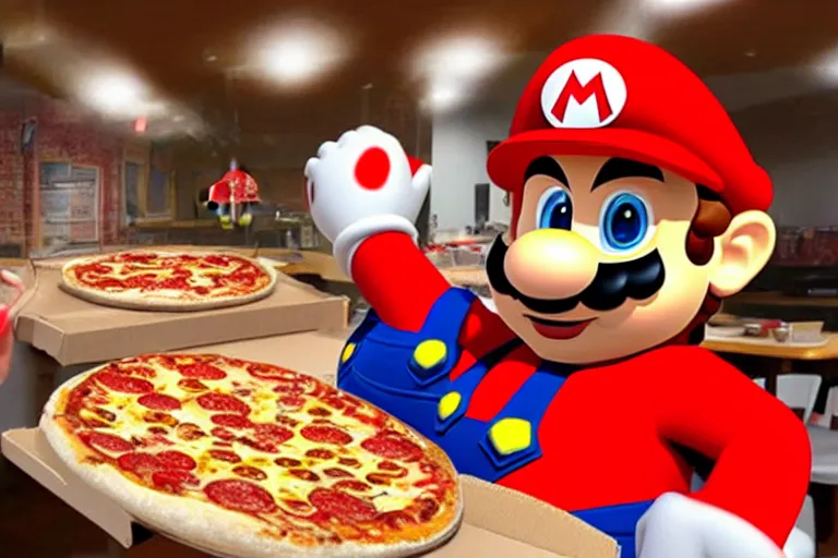 Image similar to a real life mario ordering pizza in pizza hut