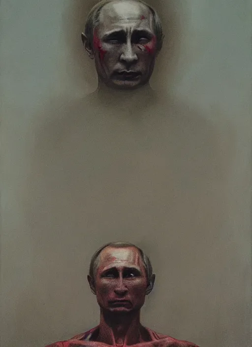 Image similar to Painting in a style of Beksinski featuring Vladimir Putin. Suffering and pain